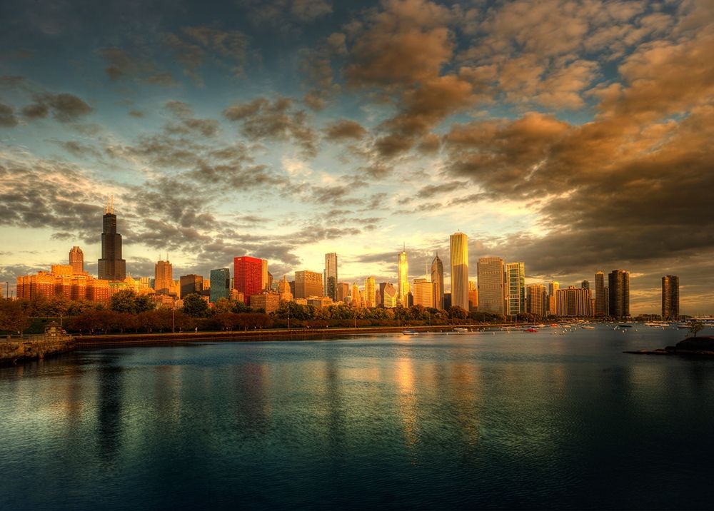 Chicago skyline over lake Michigan as sunrise enters a new day art print by Steve Mohlenkamp for $57.95 CAD