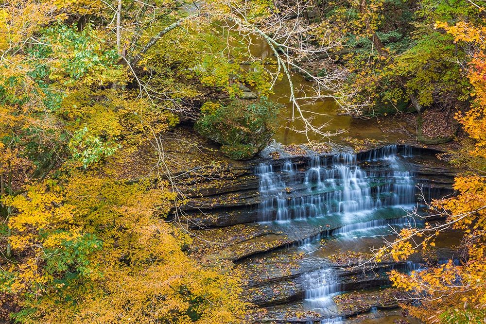 Fall Foliage Over Waterfall in Clifty Creek Park-Southern Indiana art print by Anna Miller for $57.95 CAD
