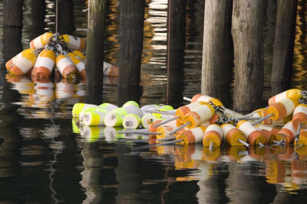 Maine Buoys floating next to a fishing pier art print by Kathleen Clemons for $57.95 CAD