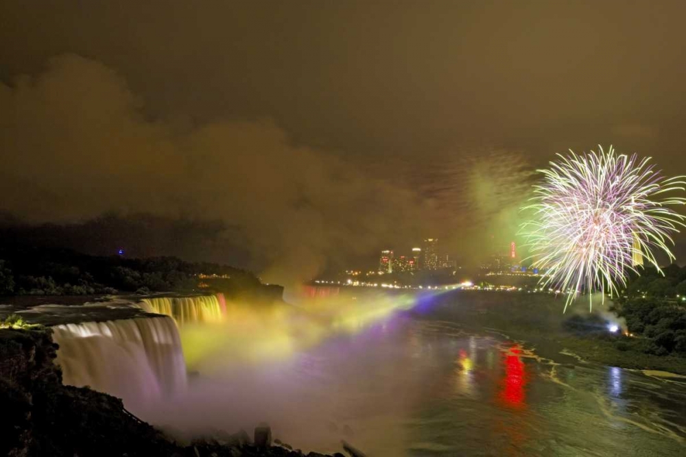 NY, Niagara Falls Fireworks over the waterfalls art print by Fred Lord for $57.95 CAD