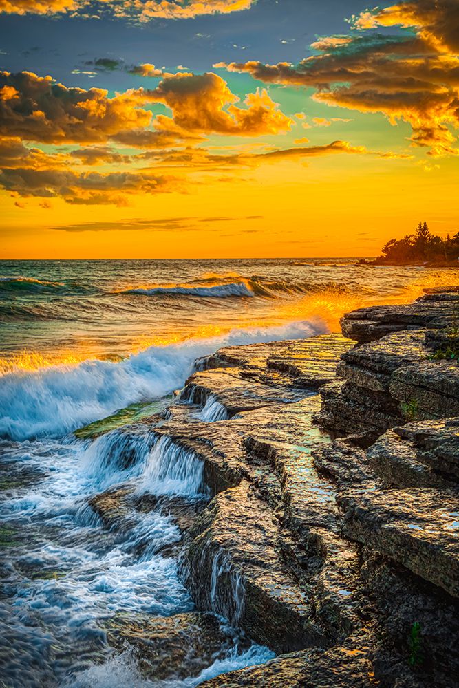 USA-New York-Lake Ontario Sunset waves on rocky shoreline art print by Jaynes Gallery for $57.95 CAD