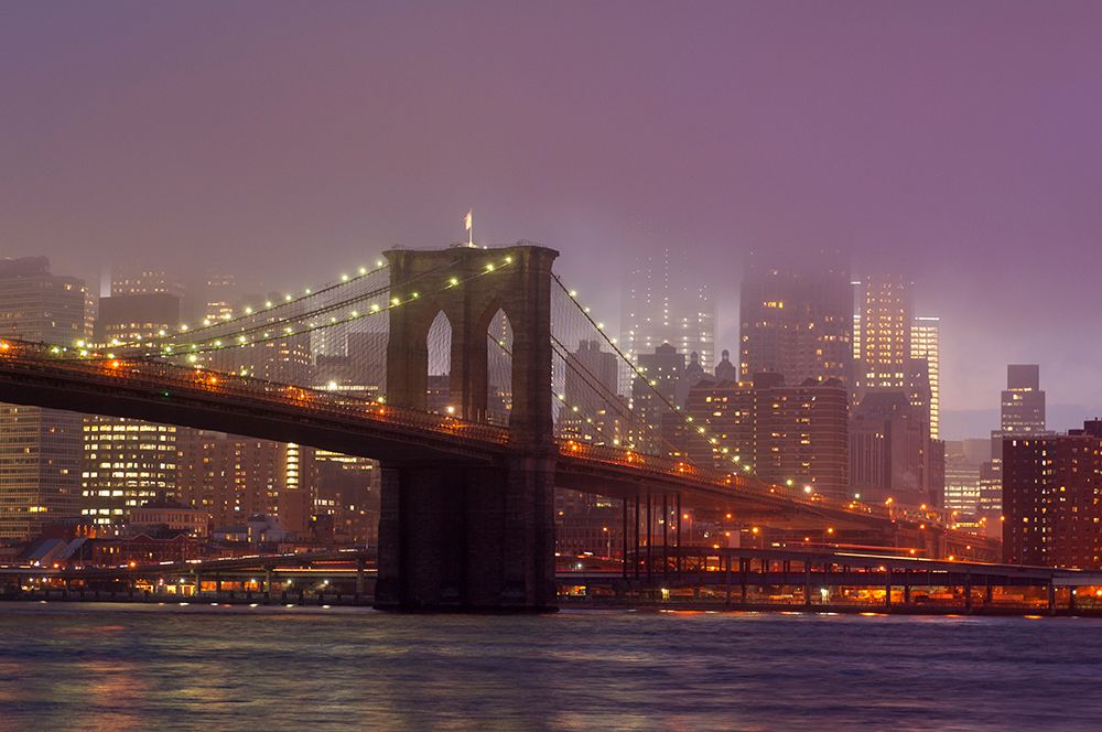 Manhattan skyline and the Brooklyn bridge in the mist at dusk art print by Sergio Pitamitz for $57.95 CAD