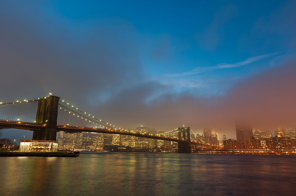 Manhattan skyline and the Brooklyn bridge in the mist at dusk art print by Sergio Pitamitz for $57.95 CAD