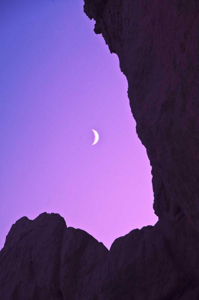 OR, Crescent moon framed by sea stacks art print by Nancy Rotenberg for $57.95 CAD