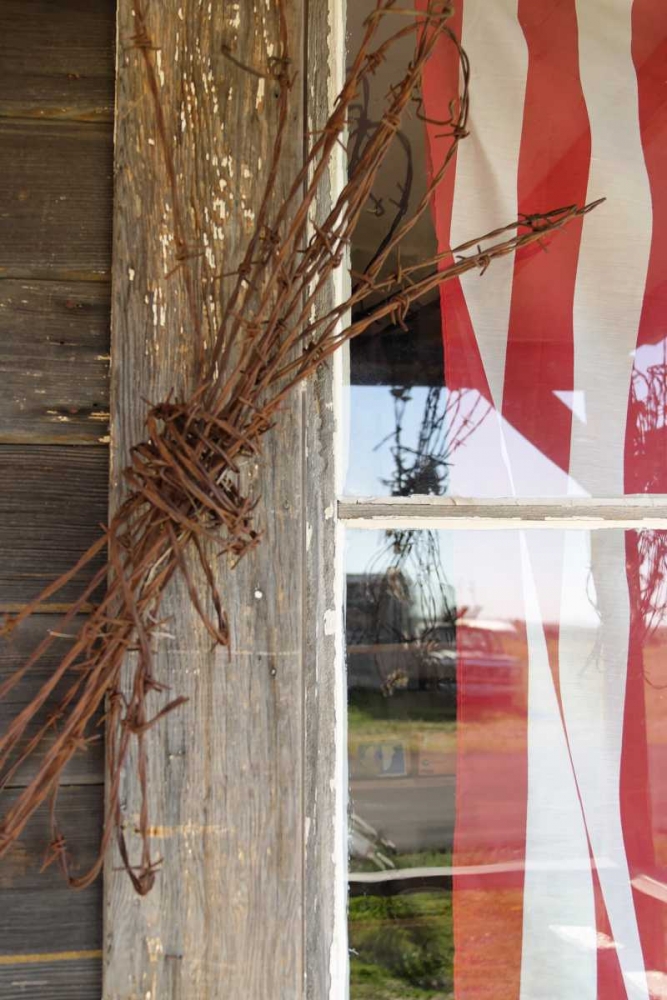 OR, Shaniko Flag in window next to barbed wire art print by Nancy ,  Steve Ross for $57.95 CAD