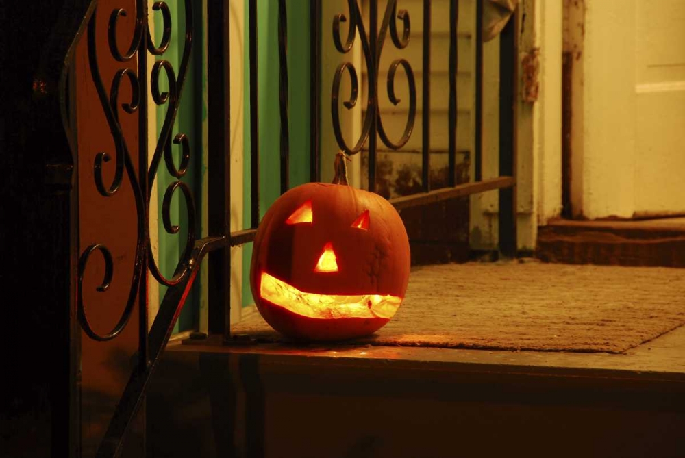 OR, Portland Lighted jack-o-lantern on porch art print by Steve Terrill for $57.95 CAD