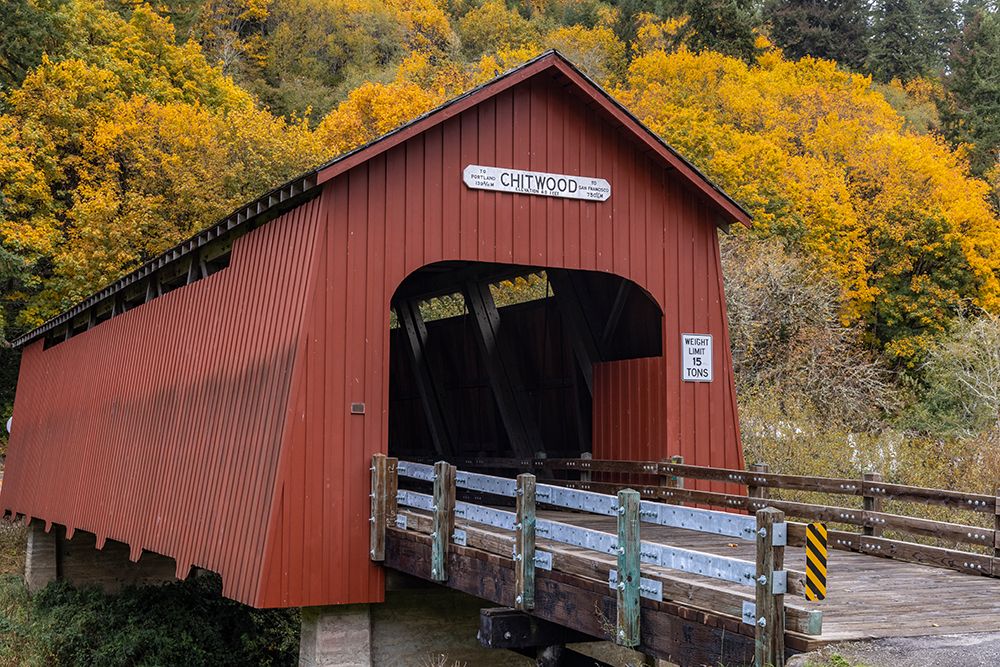 Chitwood Covered Bridge in autumn in Lincoln County-Oregon-USA art print by Chuck Haney for $57.95 CAD