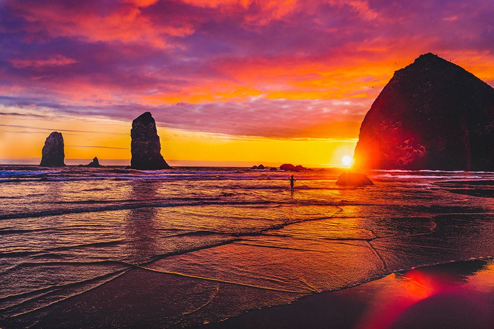 Colorful sunset-Haystack Rock sea stacks-Canon Beach-Clatsop County-Oregon-Originally discovered by art print by William Perry for $57.95 CAD