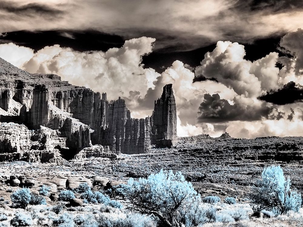 USA-Utah Infrared of Fisher Towers with large clouds art print by Terry Eggers for $57.95 CAD