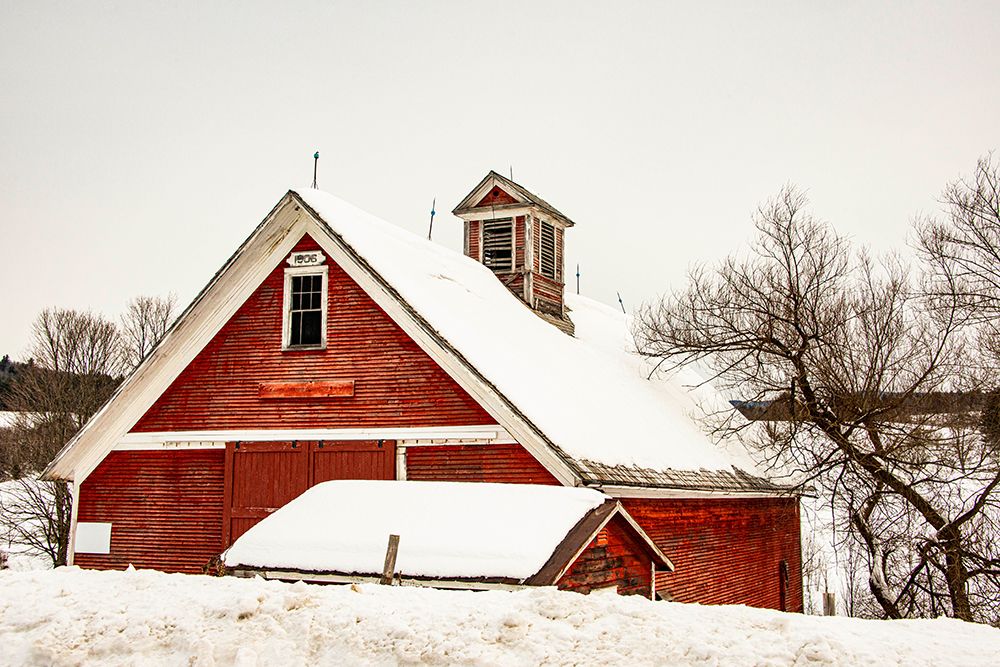 USA-Vermont-Cambridge-Lower Pleasant Valley Road-red barn in snow art print by Alison Jones for $57.95 CAD