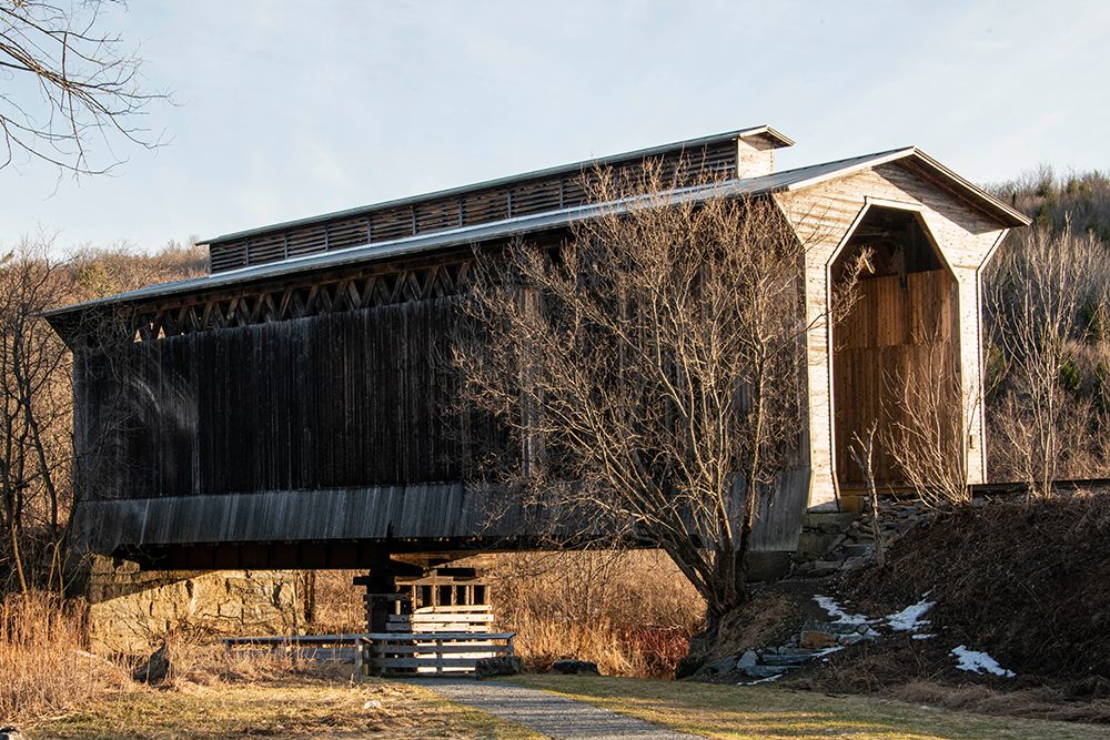 USA-Vermont-Wolcott on Rt 15 between Morrisville and Joes Pond-covered RR bridge over Lamoille River art print by Allison Jones for $57.95 CAD