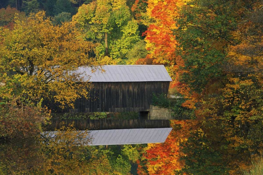 Vermont Covered bridge and autumn reflections art print by Nancy Rotenberg for $57.95 CAD