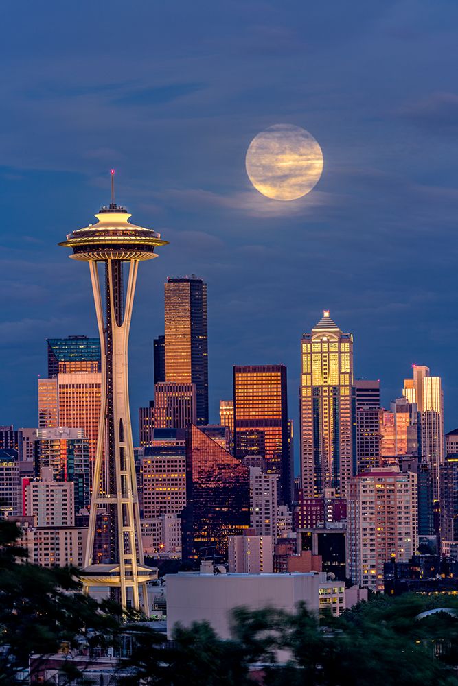 Seattle skyline and super moon at dusk-Seattle-Washington State art print by Adam Jones for $57.95 CAD