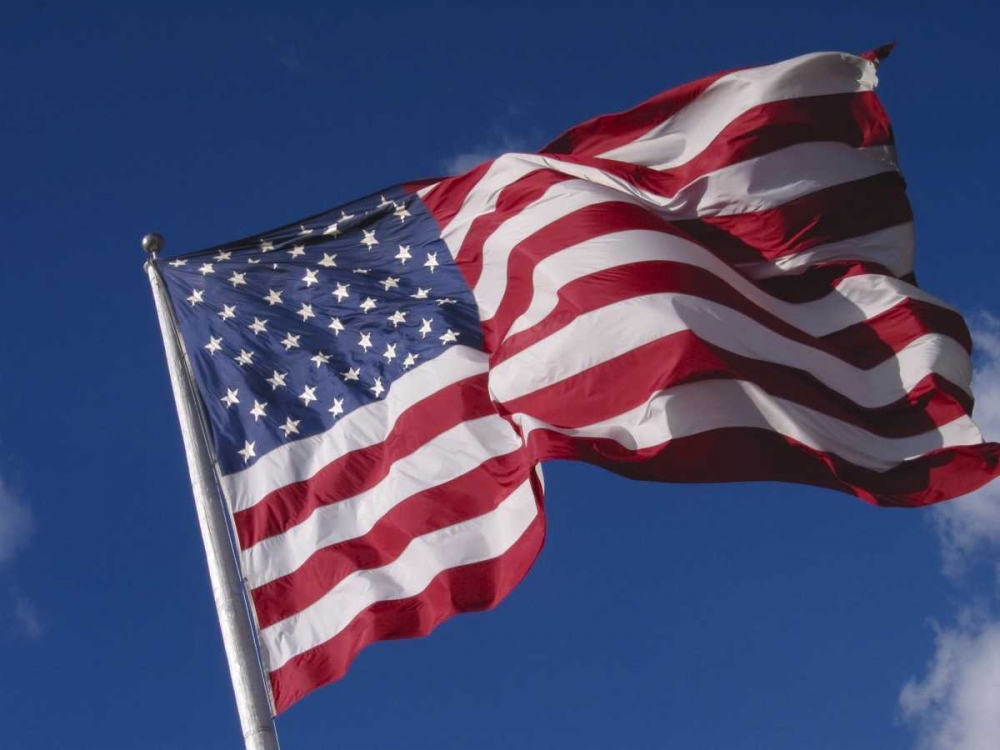 Washington, Cle Elum American flag flaps in wind art print by Nancy Steve Ross for $57.95 CAD