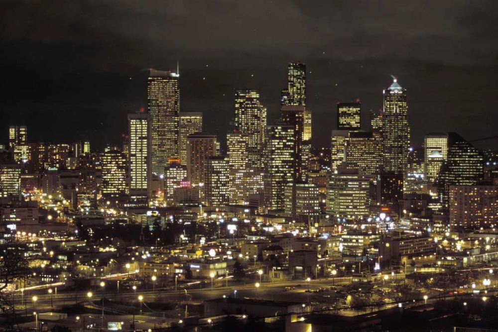 Washington, Seattle Night skyline of downtown art print by Don Grall for $57.95 CAD