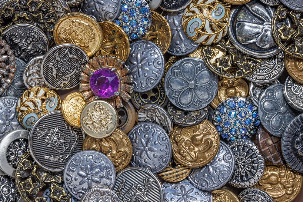 Close-up of variety of metal buttons art print by Jaynes Gallery for $57.95 CAD