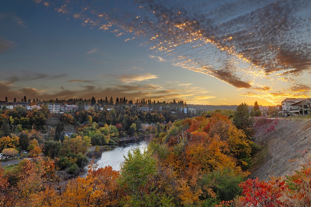 Sunset skies over autumn color along the Spokane River in Spokane, Washington State, USA art print by Chuck Haney for $57.95 CAD