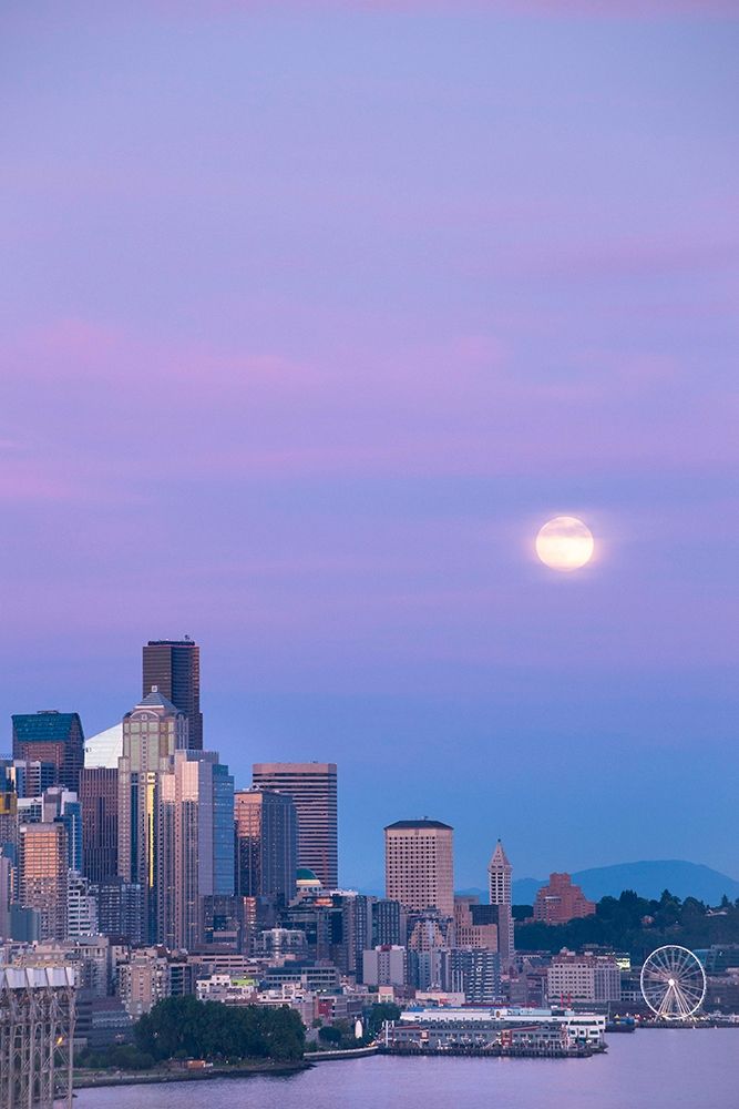 Downtown Seattle with a full moon rising in the evening sky-Seattle-Washington State art print by Greg Probst for $57.95 CAD