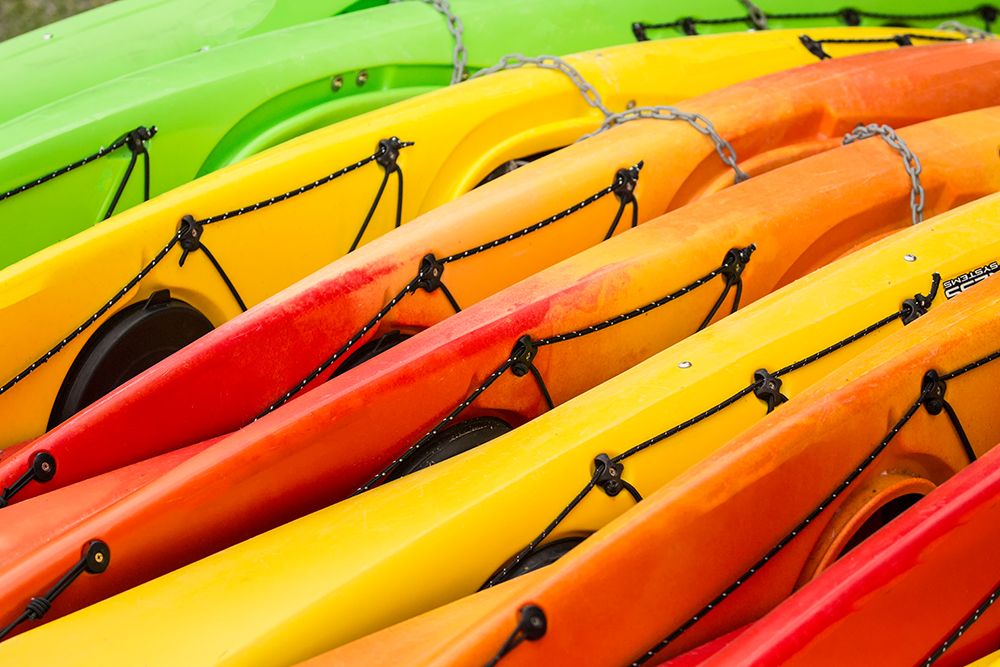 Issaquah-Washington State-USA Colorful kayaks lying on their side art print by Janet Horton for $57.95 CAD