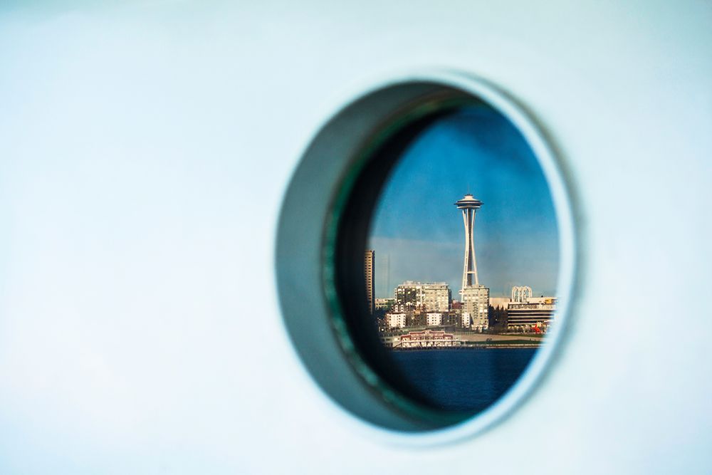 Ferry porthole reflection of the Space Needle, Seattle, Washington State, USA. art print by Rob Casey for $57.95 CAD