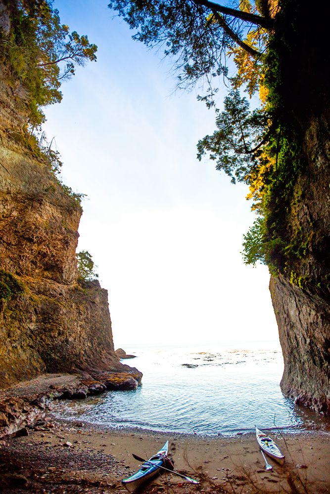 Sea kayaks along pocket beach, Strait of Juan de Fuca, Washington State, USA. art print by Rob Casey for $57.95 CAD
