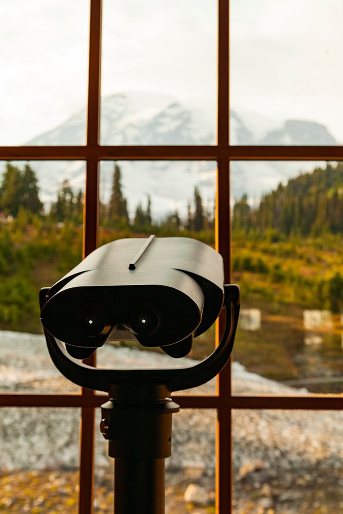 Telescope pointed through window of Mt. Rainier, Henry M. Jackson Visitor Center, Washington. art print by Rob Casey for $57.95 CAD