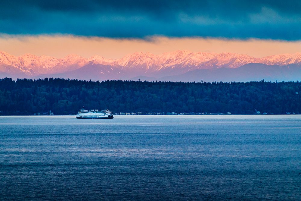 Edmonds to Kingston ferry and morning view of the Olympic Mountains and the town of Kingston, WA art print by Rob Casey for $57.95 CAD