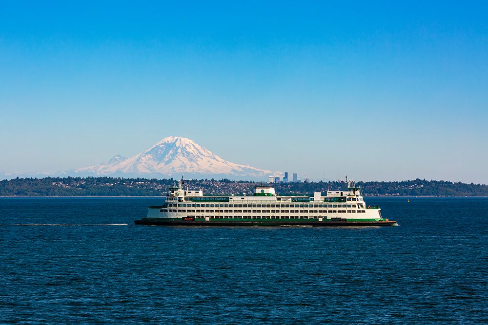 Kingston to Edmonds ferry on Puget Sound with view of Mount Rainier, Washington State, USA. art print by Rob Casey for $57.95 CAD