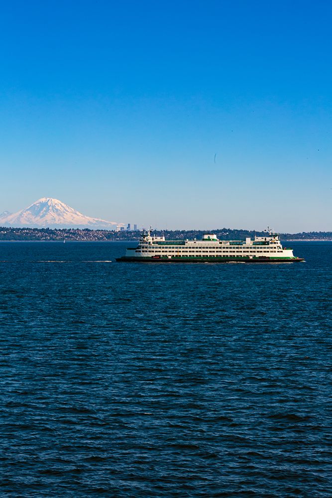Kingston to Edmonds ferry on Puget Sound with view of Mount Rainier, Washington State, USA. art print by Rob Casey for $57.95 CAD