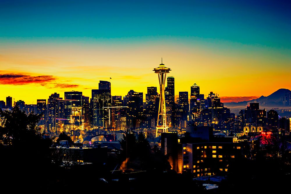 USA-WA-Seattle Dawn on Seattle skyline with Mt Rainier in the background art print by Richard Duval for $57.95 CAD