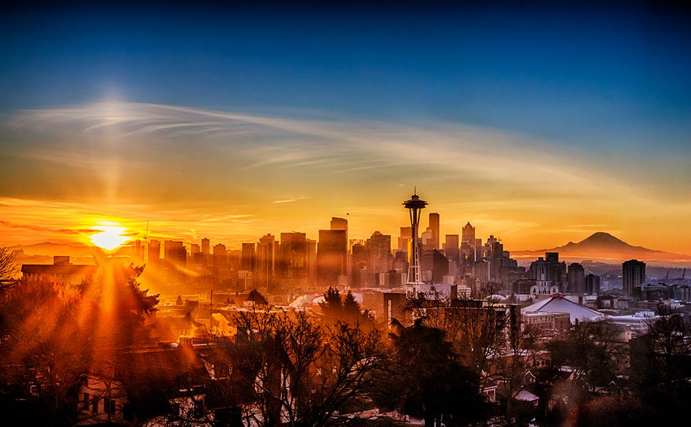 USA-WA-Seattle Dawn on Seattle skyline from Queen Anne Hill with Mt Rainier in the background art print by Richard Duval for $57.95 CAD