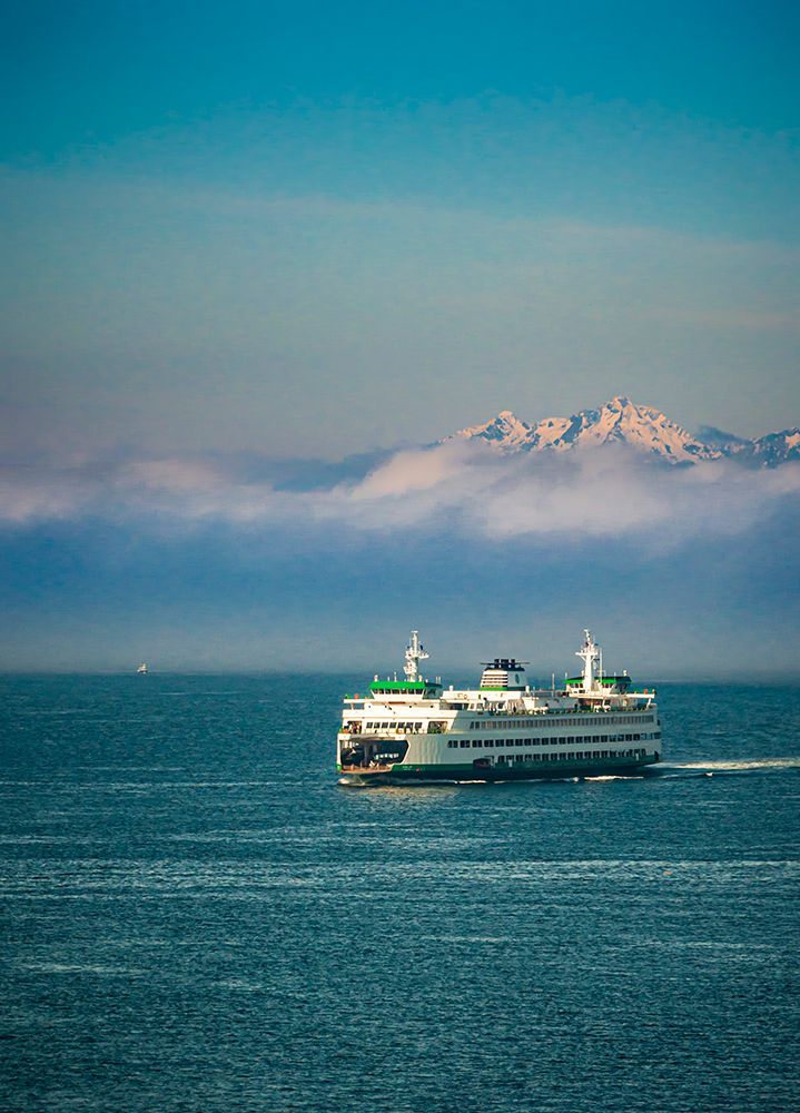 USA-WA-Seattle Ferry sails into Seattles Elliot Bay in morning fog and the Olympic Mountains art print by Richard Duval for $57.95 CAD
