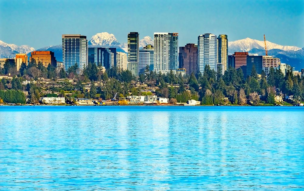High-rise buildings-Lake Washington and snowcapped Cascade Mountains-Bellevue-Washington State art print by William Perry for $57.95 CAD