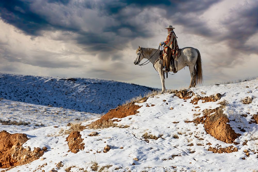 USA- Shell- Wyoming. Hideout Ranch cowgirl on horseback riding on ridgeline snow.  art print by Darrell Gulin for $57.95 CAD