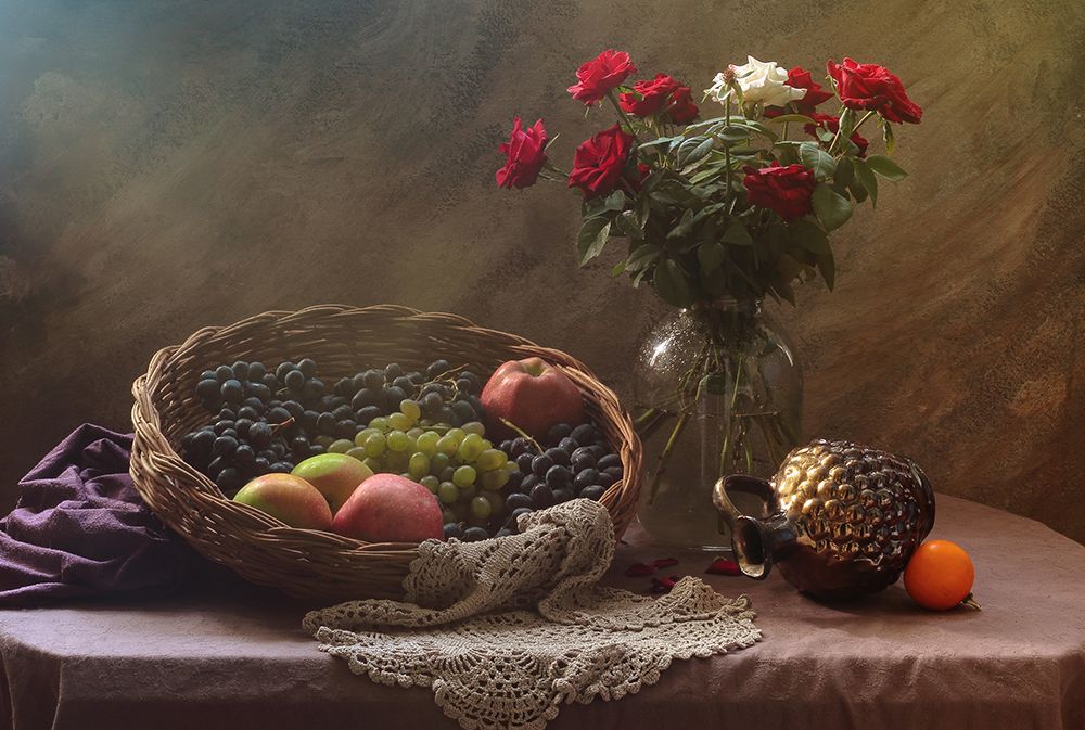 Still Life With Fruit And Roses art print by Ustinagreen for $57.95 CAD