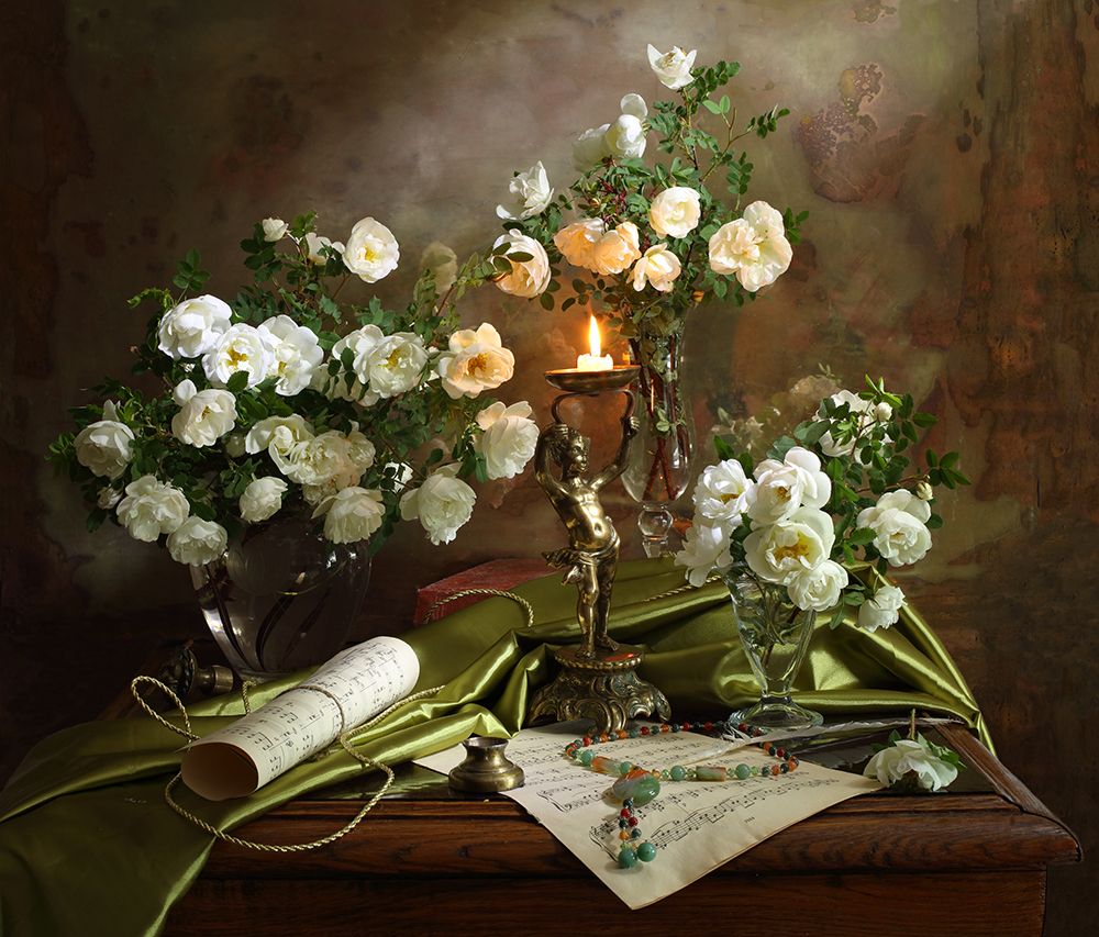 Still life with roses and candle art print by Andrey Morozov for $57.95 CAD