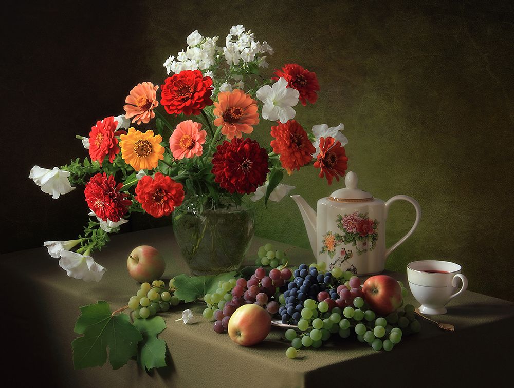 Still Life With A Bouquet Of Zinnias And Fruit art print by Tatyana Skorokhod for $57.95 CAD