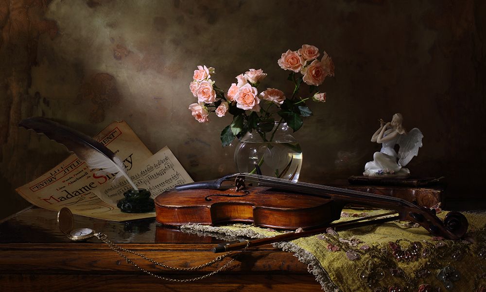 Still Life With Violin And Roses art print by Andrey Morozov for $57.95 CAD