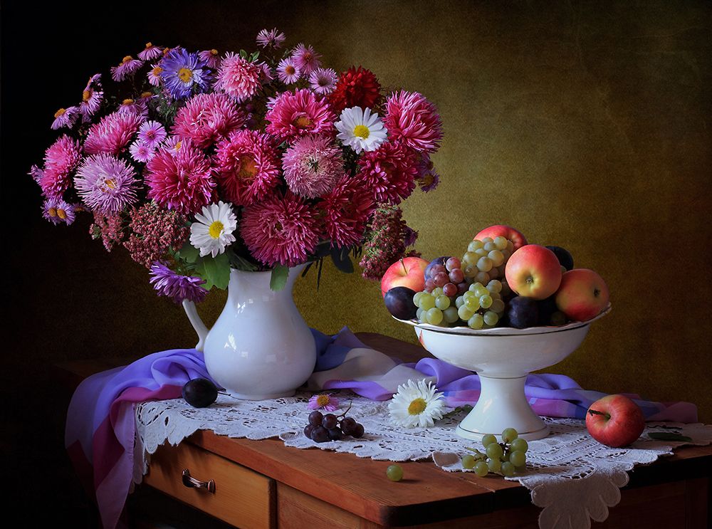 Still Life With A Bouquet Of Asters And Fruits art print by Tatyana Skorokhod for $57.95 CAD