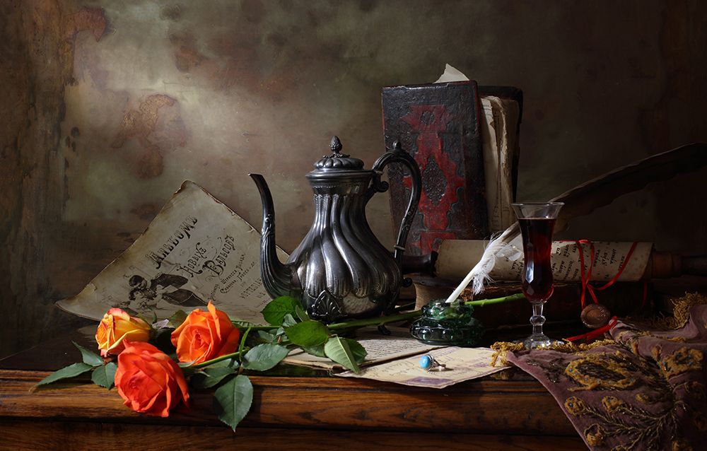 Still life with teapot and roses art print by Andrey Morozov for $57.95 CAD
