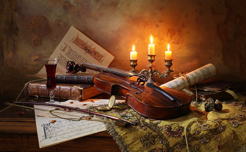 Still Life With Violin And Candles art print by Andrey Morozov for $57.95 CAD