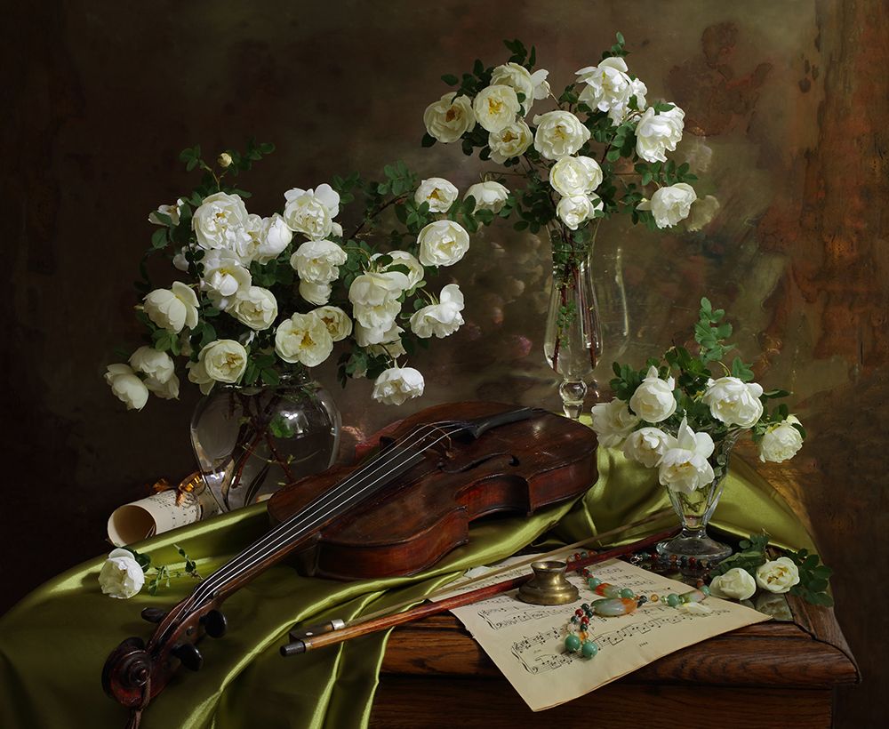 Still Life With Violin And Flowers art print by Andrey Morozov for $57.95 CAD