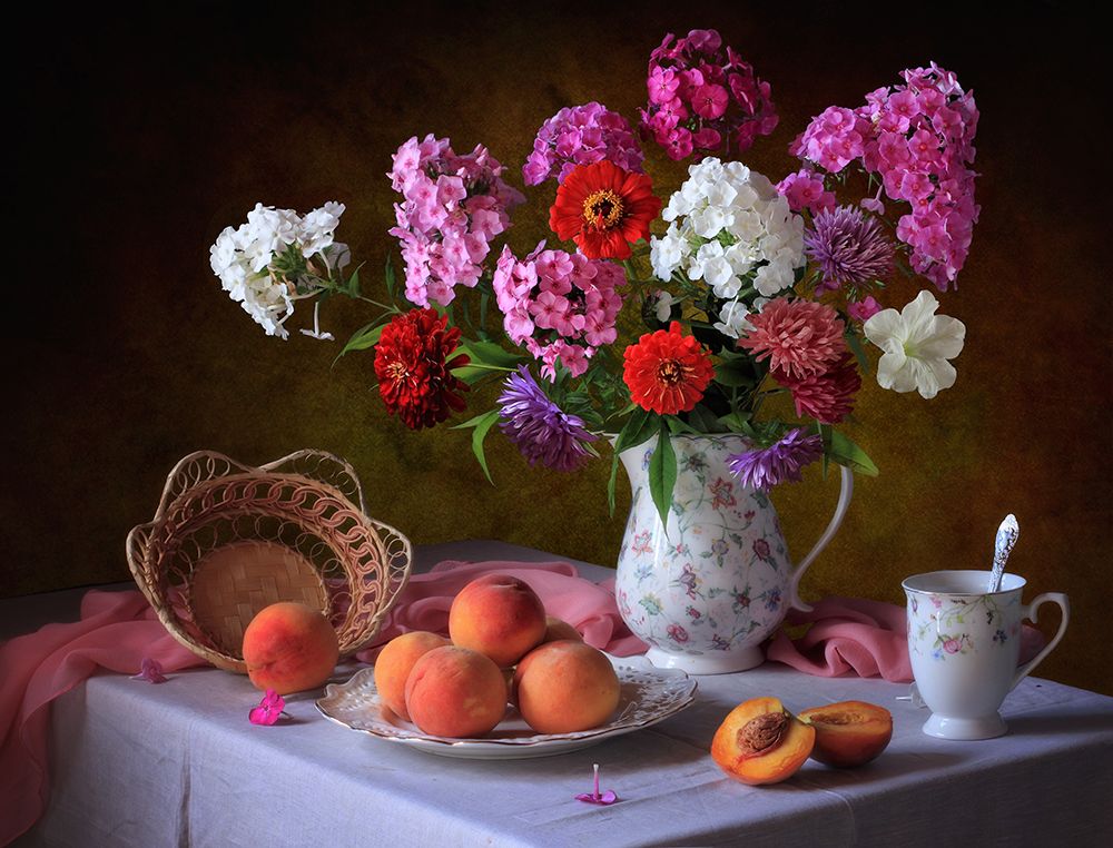 Still life with summer bouquet and peaches art print by Tatyana Skorokhod for $57.95 CAD