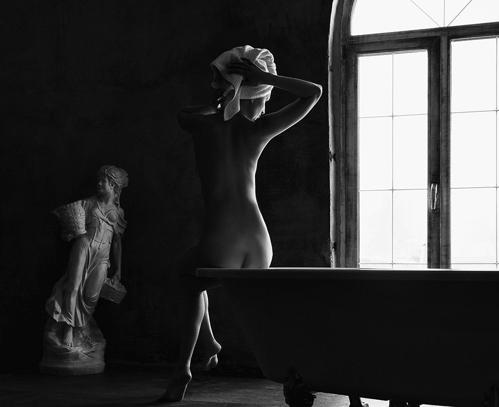 bather. a naked girl with a towel on her head is sitting on the edge of the bathroom art print by Alexandr for $57.95 CAD