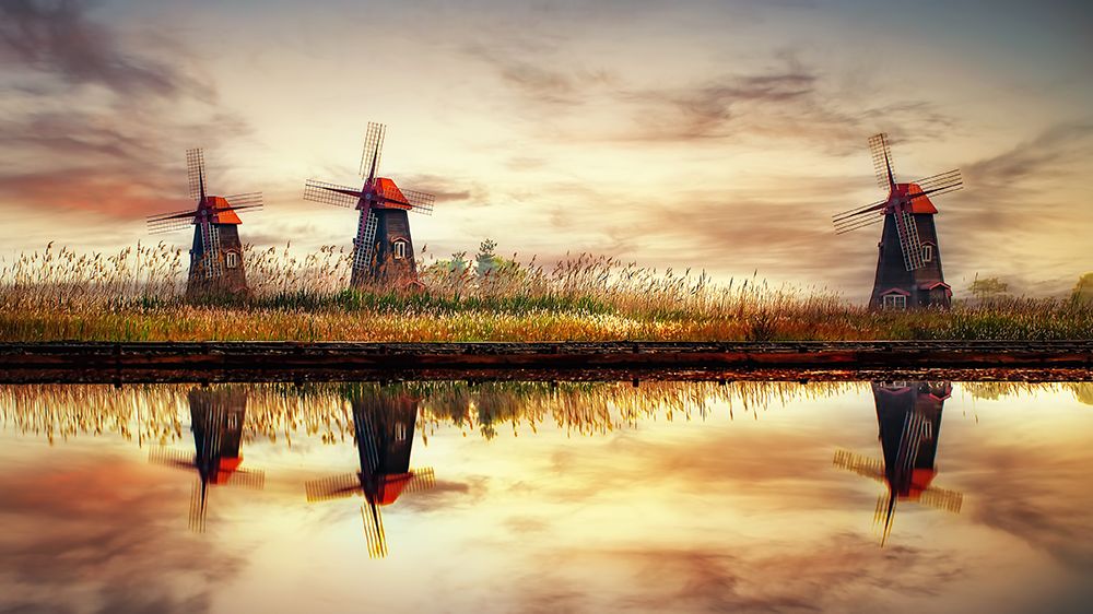 windmills on salt pond art print by Tiger Seo for $57.95 CAD