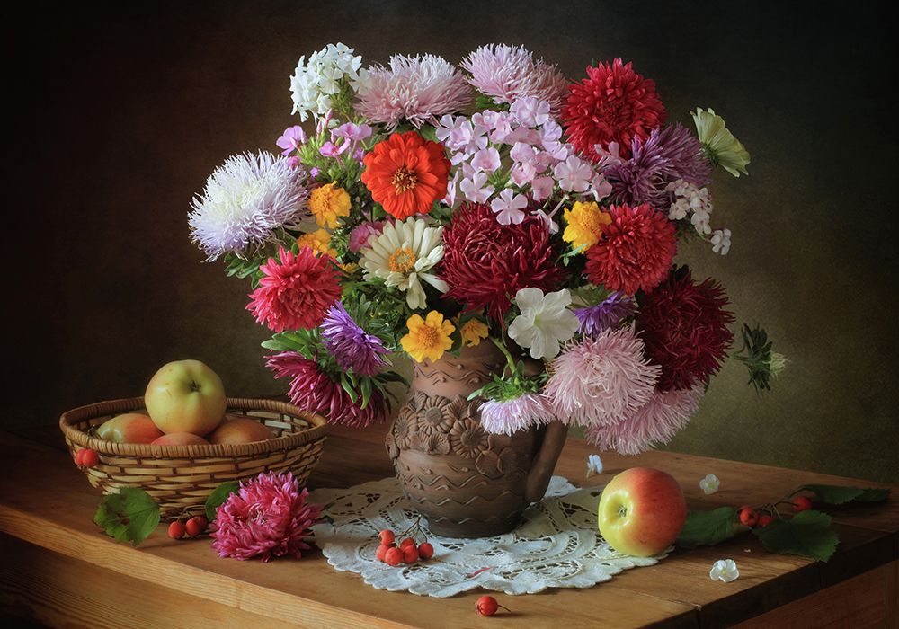 Still Life With A Bouquet Of Flowers And Apples art print by Tatyana Skorokhod for $57.95 CAD