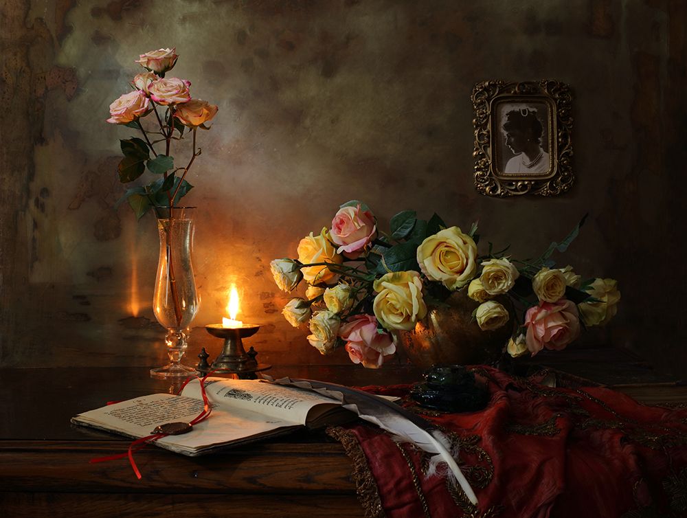 Still life with an open book art print by Andrey Morozov for $57.95 CAD