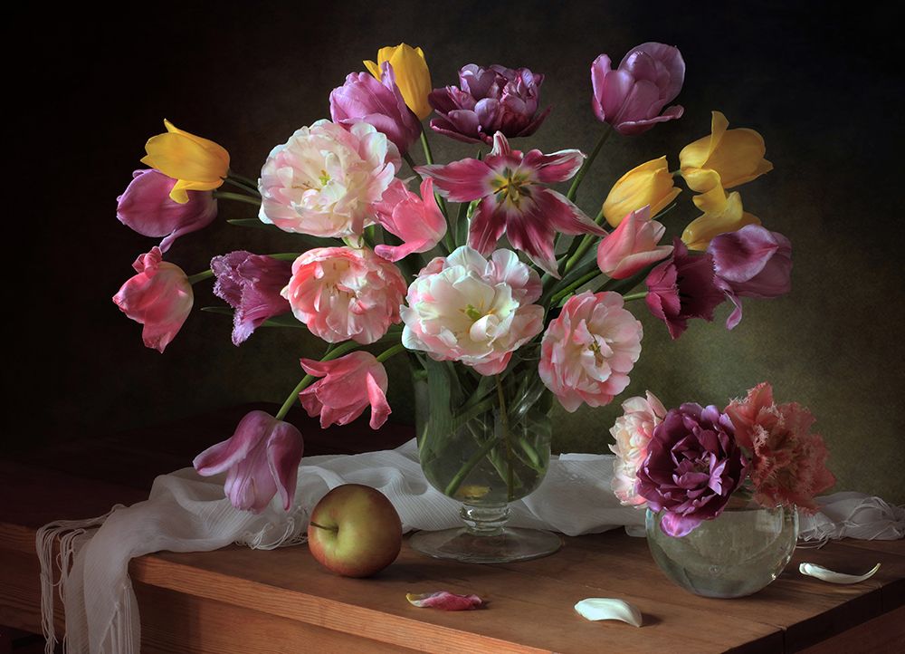 Still life with a bouquet of tulips art print by Tatyana Skorokhod for $57.95 CAD