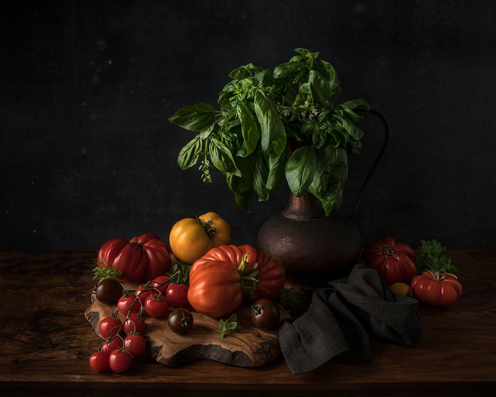 Still Life With Tomatoes And Basil art print by Diana Popescu for $57.95 CAD