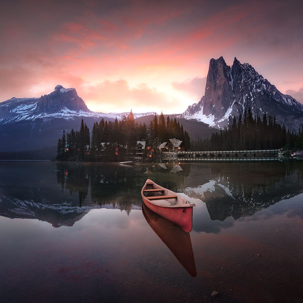 Rocky Mountains the boat at sunrise 7R24696 art print by joanaduenas for $57.95 CAD
